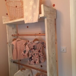 Whitewashed Nursery Clothes Rail Wardrobe With Shelves. Made To Measure From Pine Wood Copper Rail. Freestanding Industrial Design - thumbnail 2