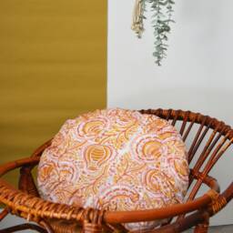 Round Cushion 40cm - Handmade in France Pleated Blockprint Floral Cotton - thumbnail 2
