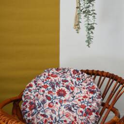 Round Cushion 40cm - Handmade in France Pleated Blockprint Floral Cotton - thumbnail 3