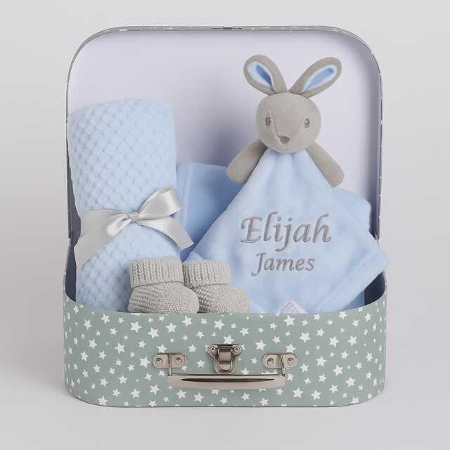 Personalised New Baby Boy Gifts Set Blue Bunny Hamper Shower Born Gift Basket Blanket Comforter Newborn - image 1