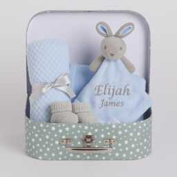 Personalised New Baby Boy Gifts Set Blue Bunny Hamper Shower Born Gift Basket Blanket Comforter Newborn - thumbnail 1