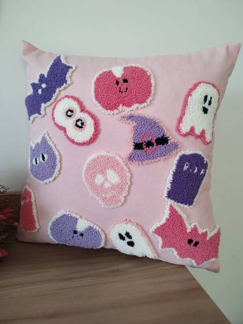 Punch Needle Pink Halloween Pillow Cover, Hand Tufted Girl Cushion, Cute Happy Decoration - image 1