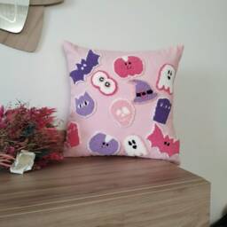 Punch Needle Pink Halloween Pillow Cover, Hand Tufted Girl Cushion, Cute Happy Decoration - thumbnail 3