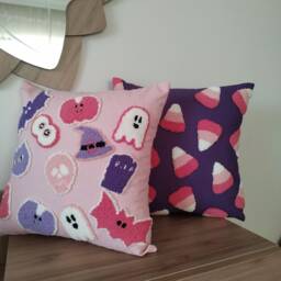 Punch Needle Pink Halloween Pillow Cover, Hand Tufted Girl Cushion, Cute Happy Decoration - thumbnail 4
