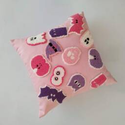 Punch Needle Pink Halloween Pillow Cover, Hand Tufted Girl Cushion, Cute Happy Decoration - thumbnail 2