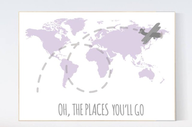 Lilac World Map Nursery Decor Travel Theme Art Print - image 1