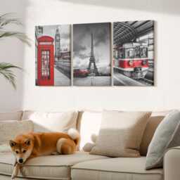 Set Of 3 Canvas Prints - Iconic Cities London Paris & Rail Transport, Red Wall Art, Travels Hanging Piece - thumbnail 3