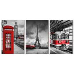Set Of 3 Canvas Prints - Iconic Cities London Paris & Rail Transport, Red Wall Art, Travels Hanging Piece - thumbnail 1