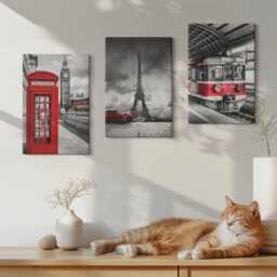 Set Of 3 Canvas Prints - Iconic Cities London Paris & Rail Transport, Red Wall Art, Travels Hanging Piece - thumbnail 2