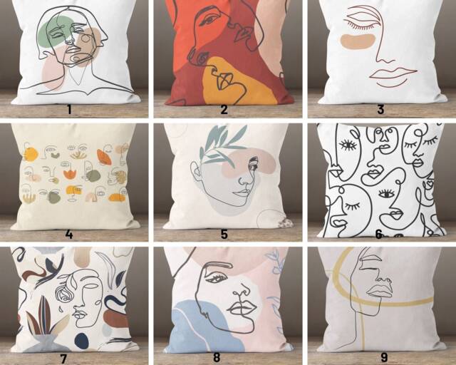 Line Art Face Themed Throw Pillow Case/Abstract Cartoon Woman Cushion Cover/Boho Illustration/Body Silhouette/Modern Wedding Gift - image 1