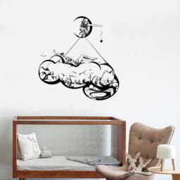 Wall Vinyl Decal Moon Stars Night Sky Bed Made Of Clouds Romantic Sketch Astronomy Modern Home Decor - #1264De - thumbnail 2