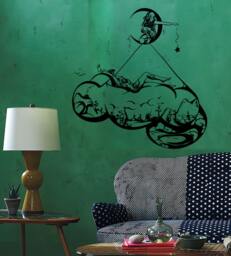 Wall Vinyl Decal Moon Stars Night Sky Bed Made Of Clouds Romantic Sketch Astronomy Modern Home Decor - #1264De - thumbnail 1