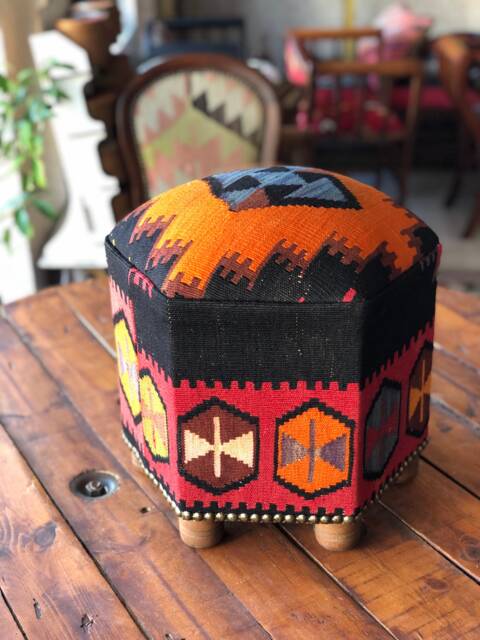 Vintage Kilim Ottoman Stool Hexagon Beech Wood Foot Rest - image 1