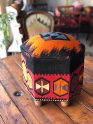 Vintage Kilim Ottoman Stool Hexagon Beech Wood Foot Rest - thumbnail 1
