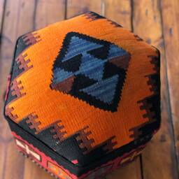 Vintage Kilim Ottoman Stool Hexagon Beech Wood Foot Rest - thumbnail 2