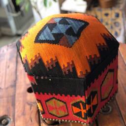 Vintage Kilim Ottoman Stool Hexagon Beech Wood Foot Rest - thumbnail 3