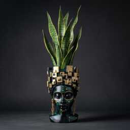 Cyberpunk Face Plant Pot - Gothic Tech Head Planter Black Gold Bust Handmade UK - thumbnail 3