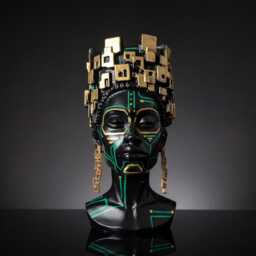 Cyberpunk Face Plant Pot - Gothic Tech Head Planter Black Gold Bust Handmade UK - thumbnail 2
