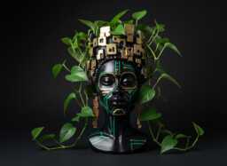Cyberpunk Face Plant Pot - Gothic Tech Head Planter Black Gold Bust Handmade UK - thumbnail 1