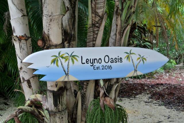 Surfboard Wall Decor, Beach House Pool Deck Decoration, Family Oasis Wooden Surfboard, Outdoor Housewarming Gift - image 1