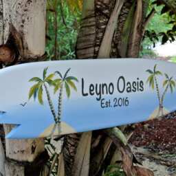 Surfboard Wall Decor, Beach House Pool Deck Decoration, Family Oasis Wooden Surfboard, Outdoor Housewarming Gift - thumbnail 3