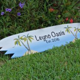 Surfboard Wall Decor, Beach House Pool Deck Decoration, Family Oasis Wooden Surfboard, Outdoor Housewarming Gift - thumbnail 2
