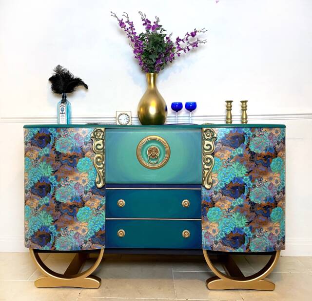 Made-To-Order Upcycled Green Vintage Sideboard/Cocktail Cabinet With Decoupaged Dragon Design - image 1