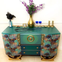 Made-To-Order Upcycled Green Vintage Sideboard/Cocktail Cabinet With Decoupaged Dragon Design - thumbnail 3