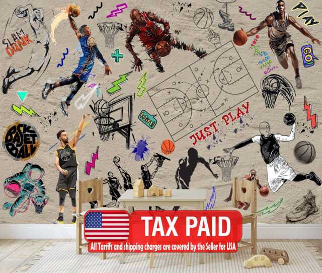 Graffiti Basketball Mural Urban Gym Decor, Peel & Stick Wallpaper - image 1