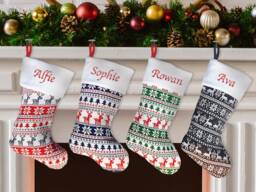 Personalised Christmas Stocking Traditional Nordic Knit Embroidered Name Xmas Stockings Navy Red Green Silver Classic Sock
