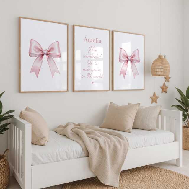 How Wonderful Life Is Now You're in The World, Personalised Pink Bows Nursery Print Set - image 1