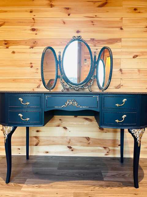 French Style Navy & Gold Dressing Table Ornate Louis Vanity - image 1