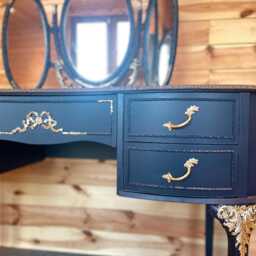 French Style Navy & Gold Dressing Table Ornate Louis Vanity - thumbnail 3