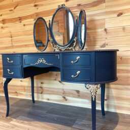 French Style Navy & Gold Dressing Table Ornate Louis Vanity - thumbnail 2