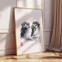 Japanese Ink Owl Art Print, Sumi-E Painting, Minimalist Animal Poster, Black & White Bird Wall Art, Zen Home Decor - thumbnail 2