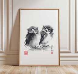 Japanese Ink Owl Art Print, Sumi-E Painting, Minimalist Animal Poster, Black & White Bird Wall Art, Zen Home Decor - thumbnail 1