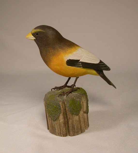 Evening Grosbeak Wooden Carved Bird Carving Sculpture - image 1