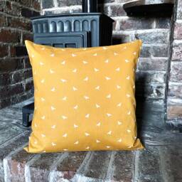 306. Small Birds On Mustard Yellow 100% Cotton Cushion Cover. Various Sizes