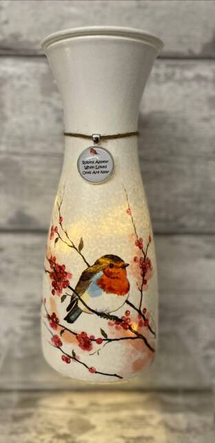 Light Up Robin Vase, With Charm - Decouoage, Gifts, Xmas Robins Appear When Loved Ones Are Near - image 1