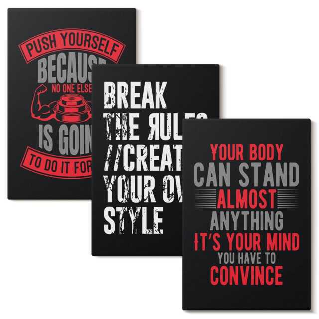 Canvas Wall Art Set Of 3 - Motivation For Training & Self-Development Slogans, Red Photo Print, Sentences Hanging Piece - image 1