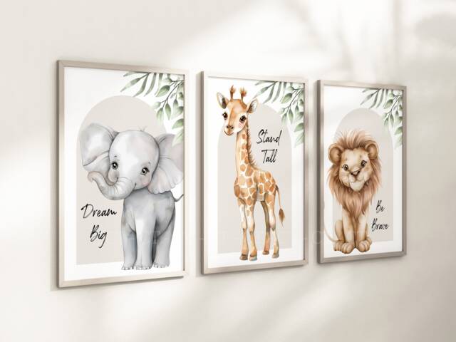 Safari Giraffe Lion Elephant Animal Baby Girls Boys A4 Or A3 Nursery Set Of Unframed Prints Unisex Neutral Boho Tree Beige Jungle - image 1