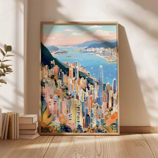 Hong Kong Skyline Poster Vibrant Asia Travel Art Print - image 1