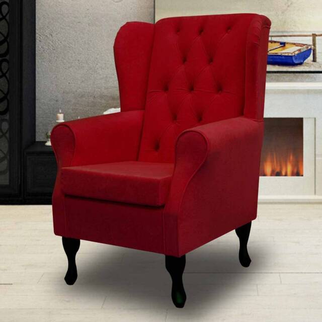 Red Buttoned Handmade Wingback Armchair - Fireside Accent Upholstered Chair Plush Fabric British Custom Made - image 1