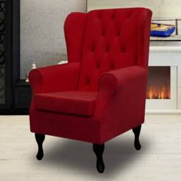 Red Buttoned Handmade Wingback Armchair - Fireside Accent Upholstered Chair Plush Fabric British Custom Made