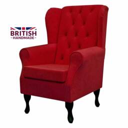 Red Buttoned Handmade Wingback Armchair - Fireside Accent Upholstered Chair Plush Fabric British Custom Made - thumbnail 3