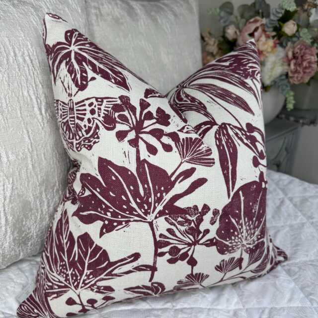 Linen Blend Floral Pillow Cover, Decorative Sofa Bed Cushion Cover Made in John Lewis Japonica Fabric, Plum - image 1