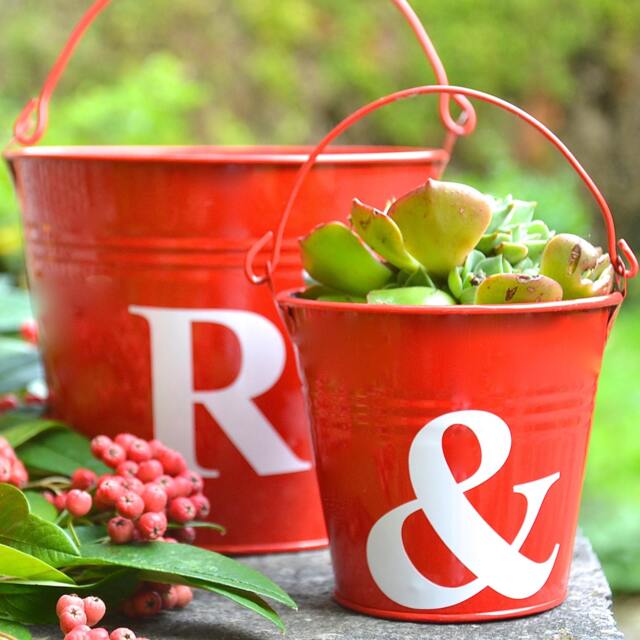 Personalised Red Buckets With White Letter - Customised Alternative Planters Indoor Herb Garden - image 1
