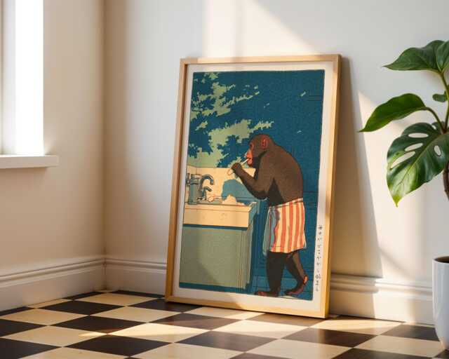 Monkey Bathroom Print, Funny Chimp Wall Art, Japanese Poster, Animal Decor, Quirky Toilet Print - image 1