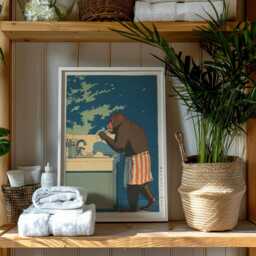Monkey Bathroom Print, Funny Chimp Wall Art, Japanese Poster, Animal Decor, Quirky Toilet Print - thumbnail 2