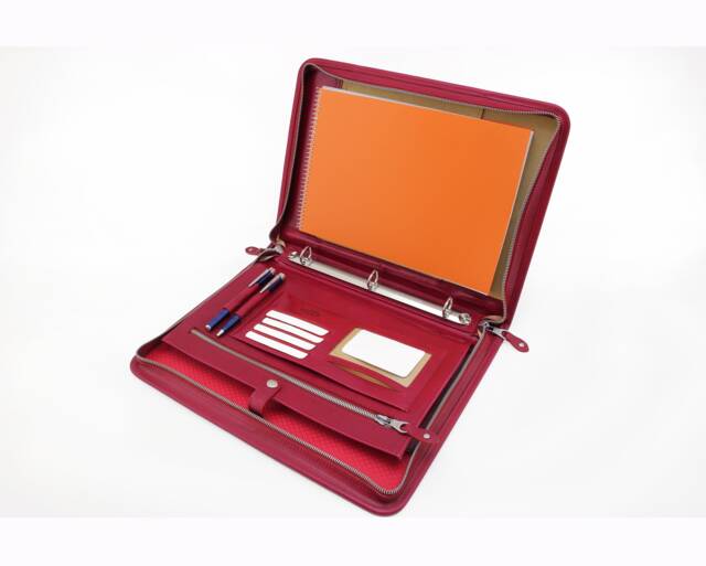 Leather Business Portfolio Case, Red Folio Cover For A4 & Letter Size Paper Carrying, Writing Zipper Case With 3 Ring Binder - image 1